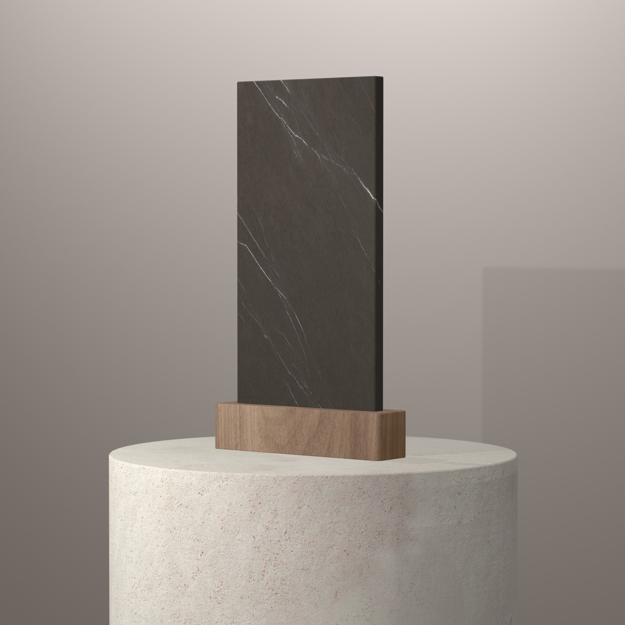 Rendu 3D du coloris Pietra Grey sur piédestal
