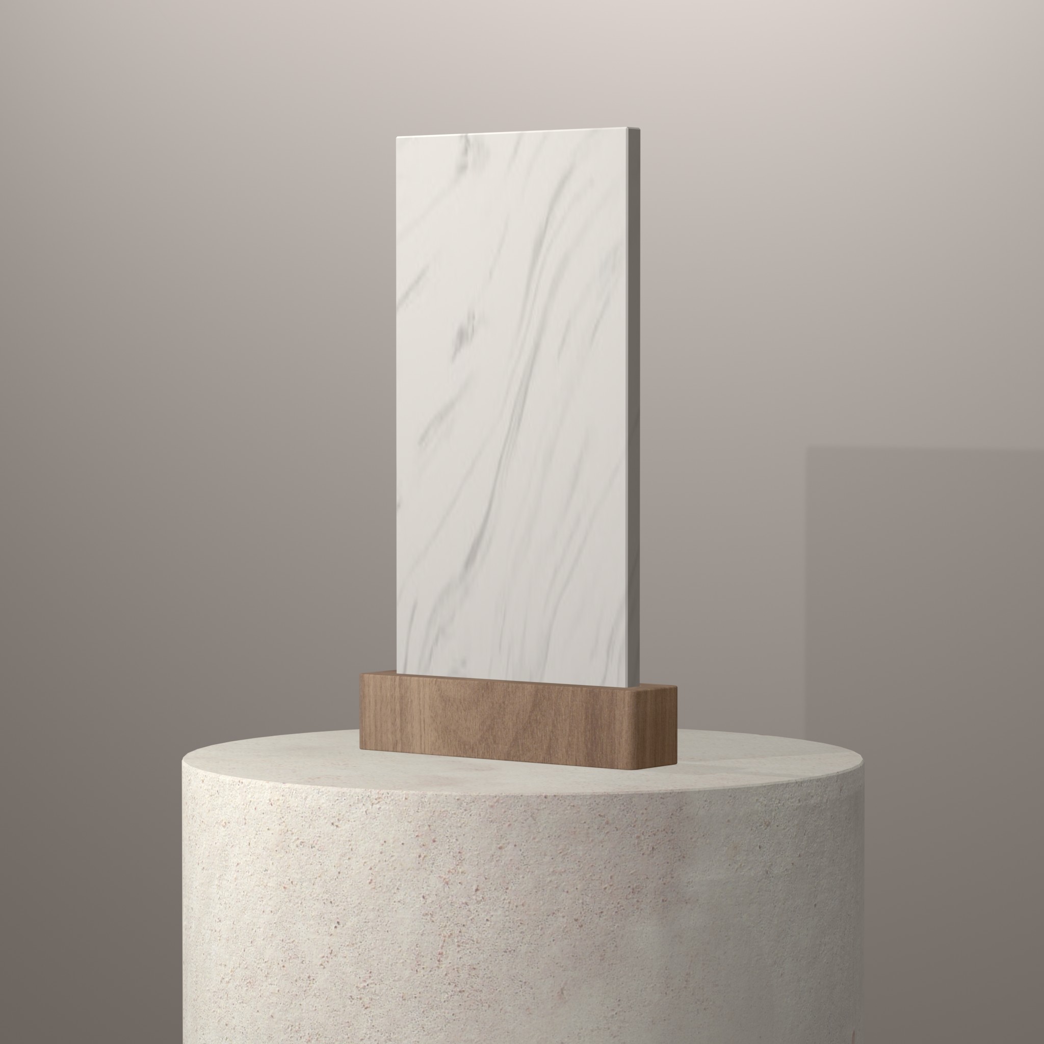 Rendu 3D du coloris Calacatta Greige sur piédestal