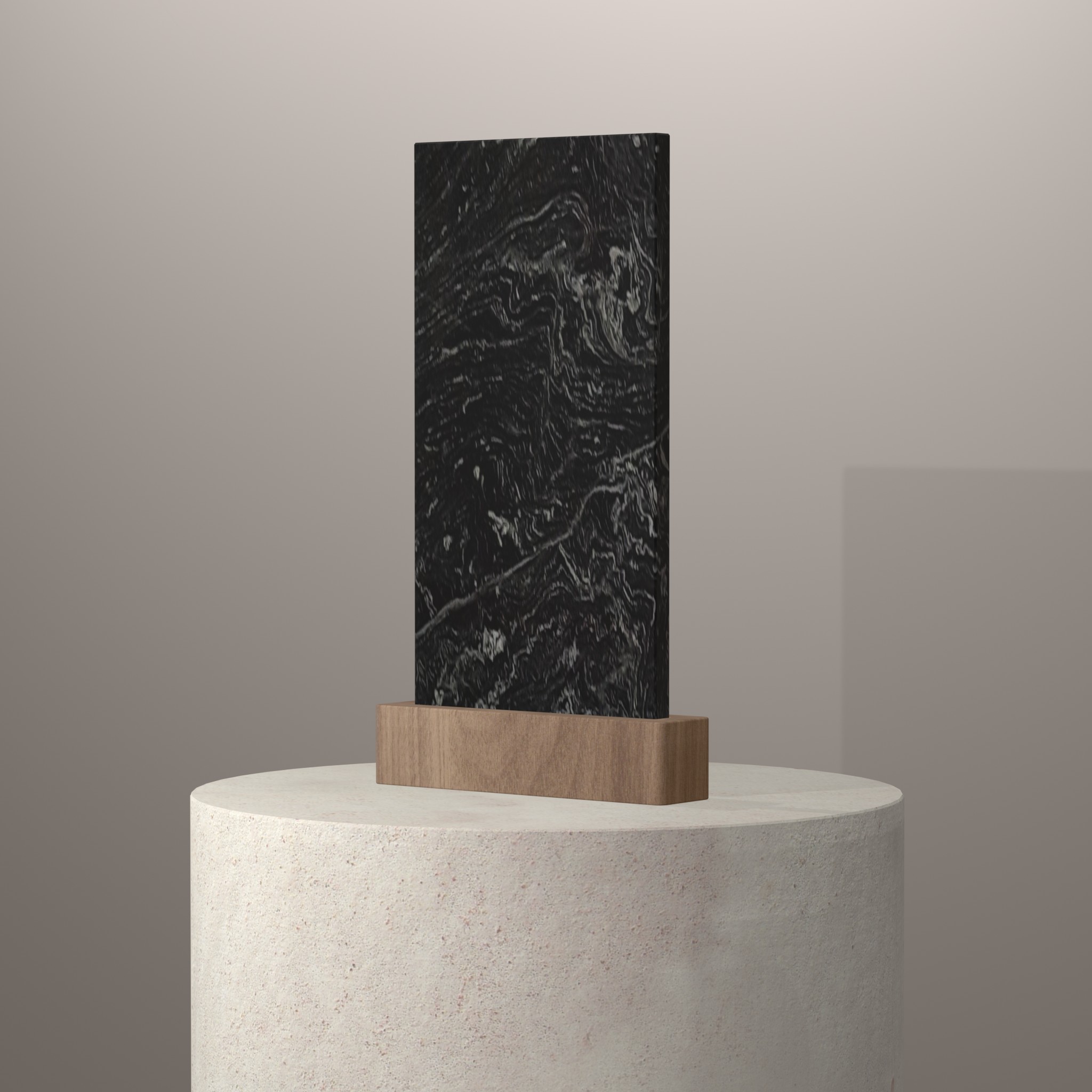 Rendu 3D du coloris Noir Caos sur piédestal