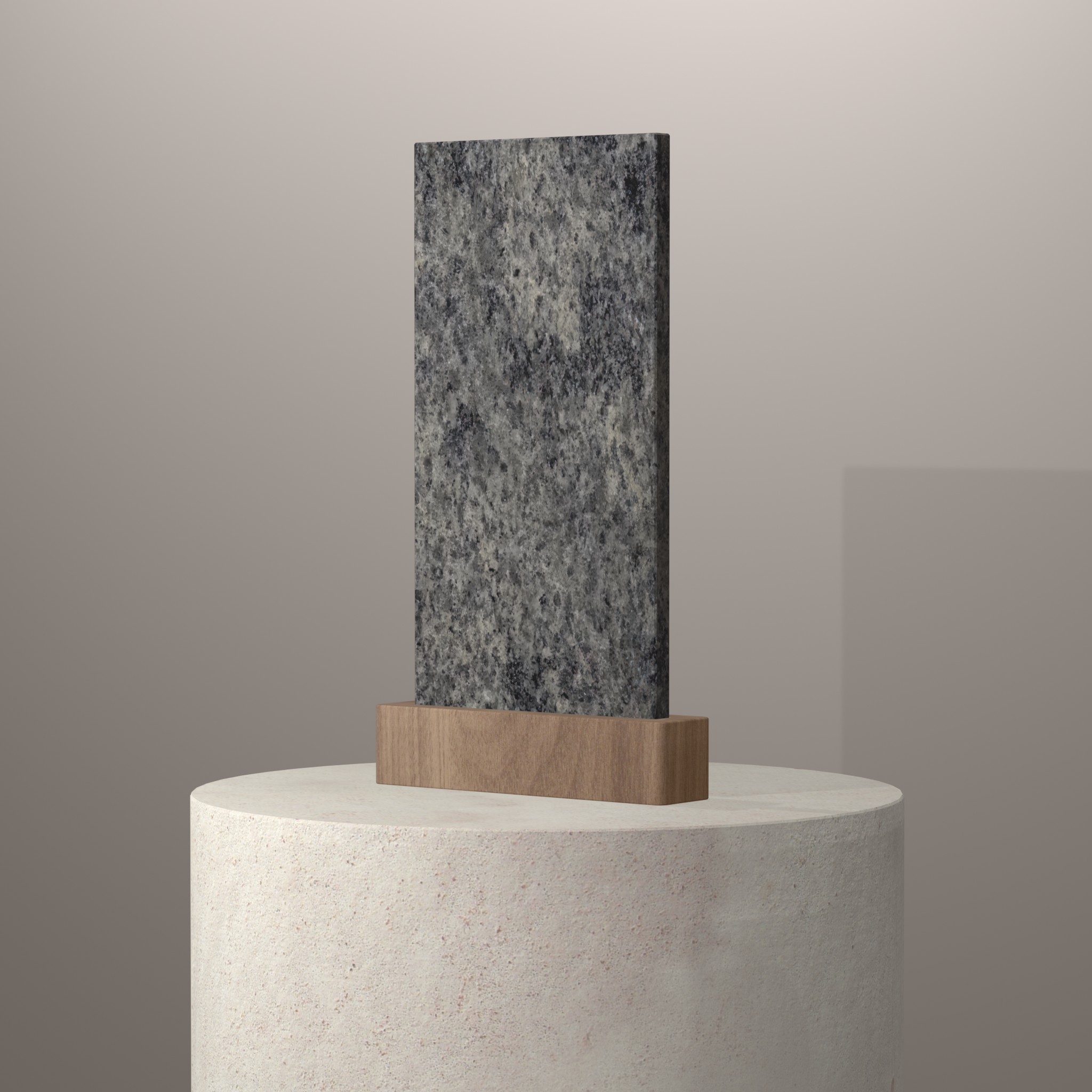 Rendu 3D du coloris Mystic Grey sur piédestal