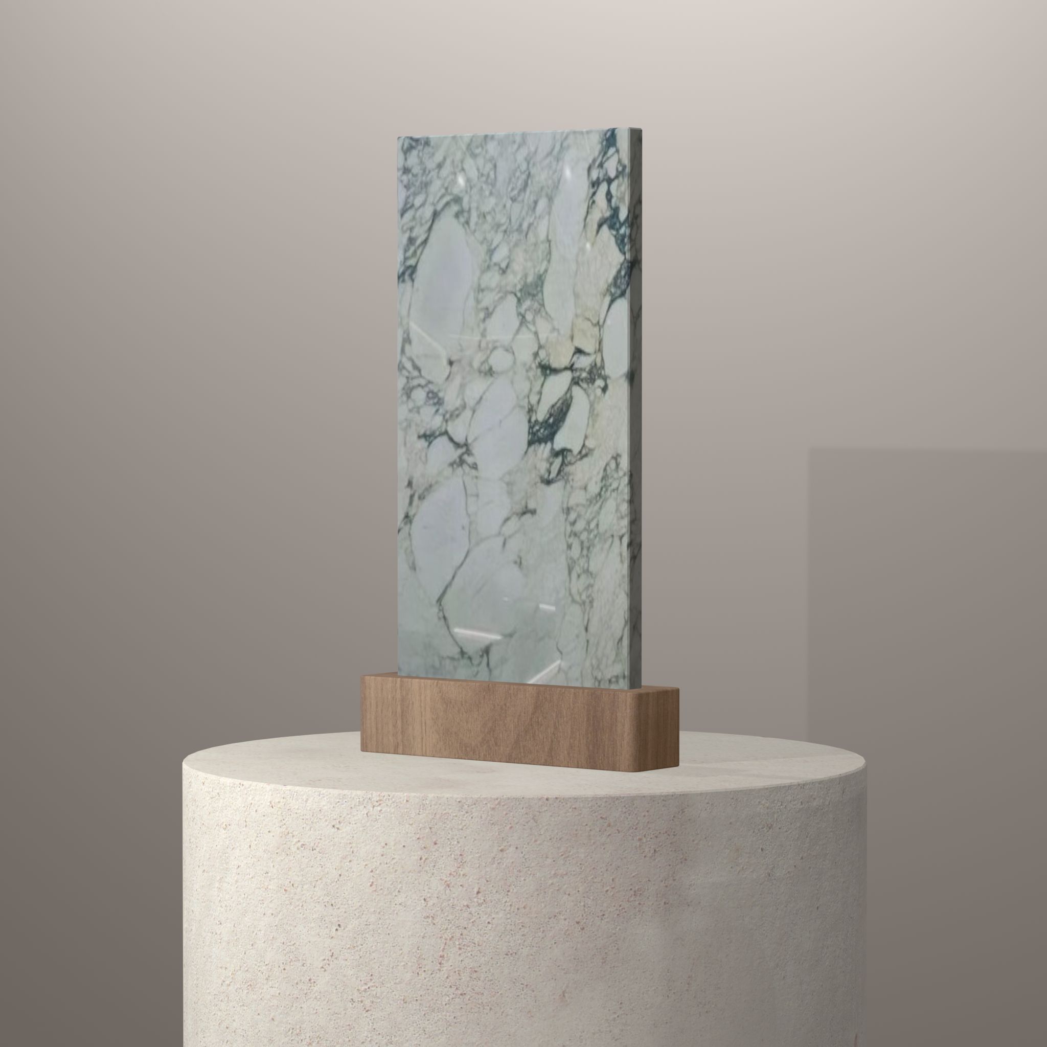 Rendu 3D du coloris Calacatta Monet sur piédestal