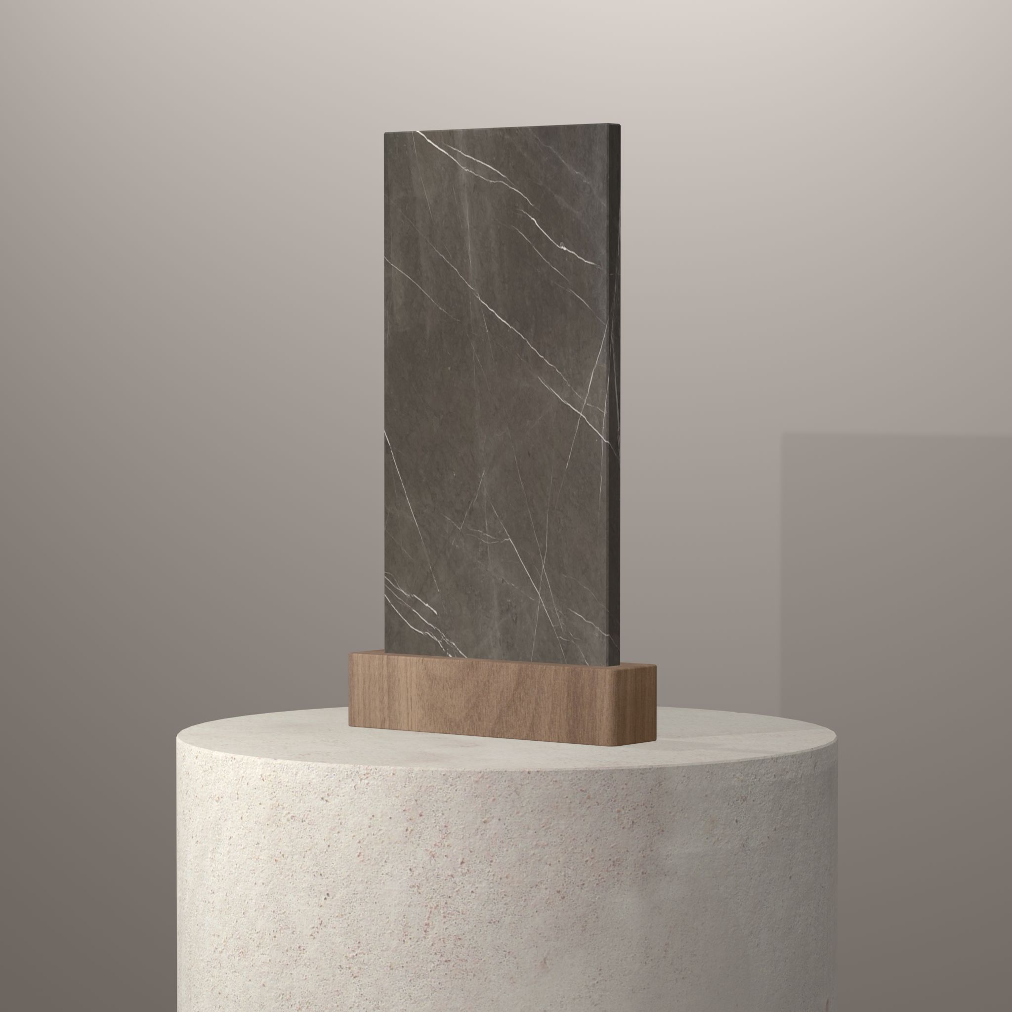 Rendu 3D du coloris Pietra Grey sur piédestal