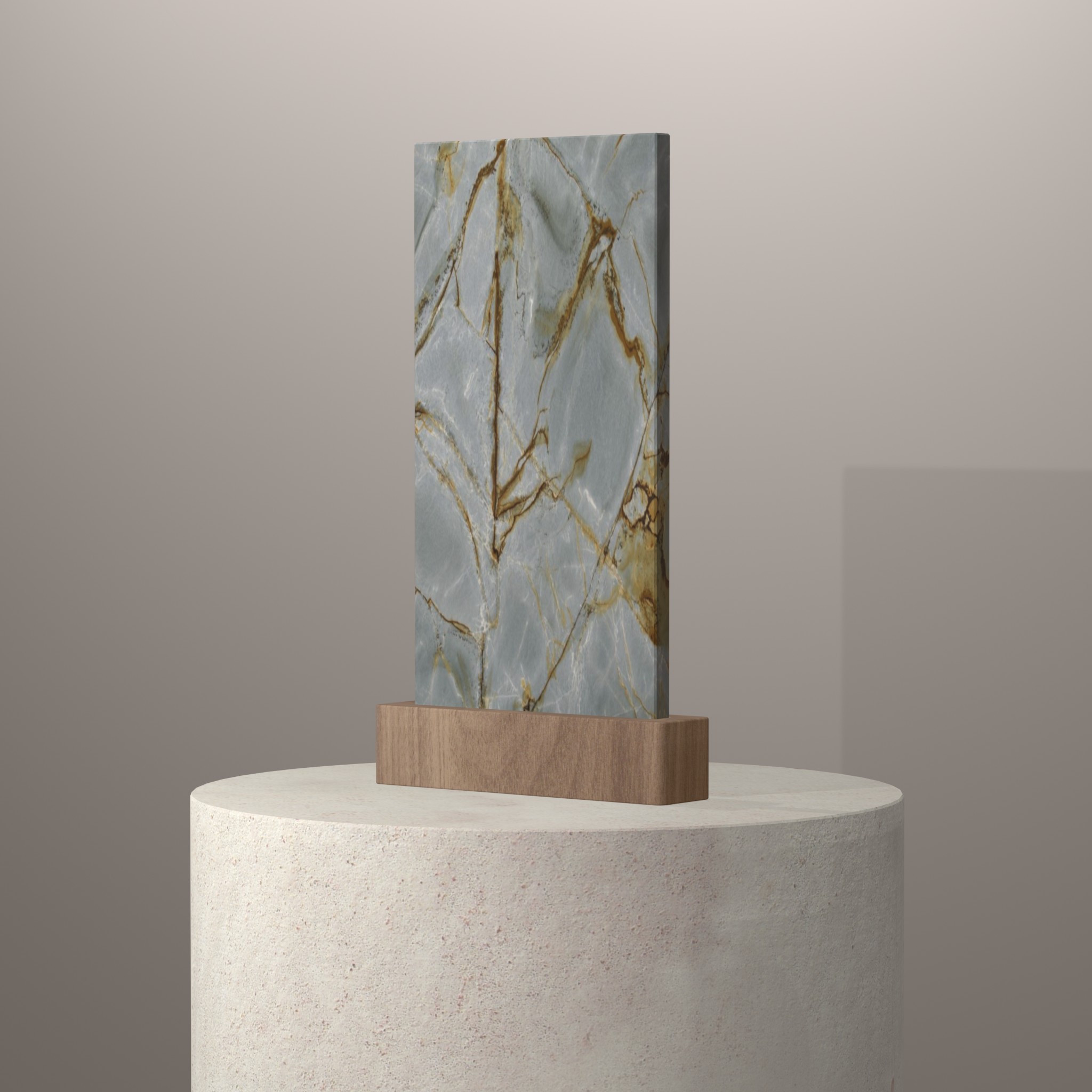 Rendu 3D du coloris Blue Roma sur piédestal