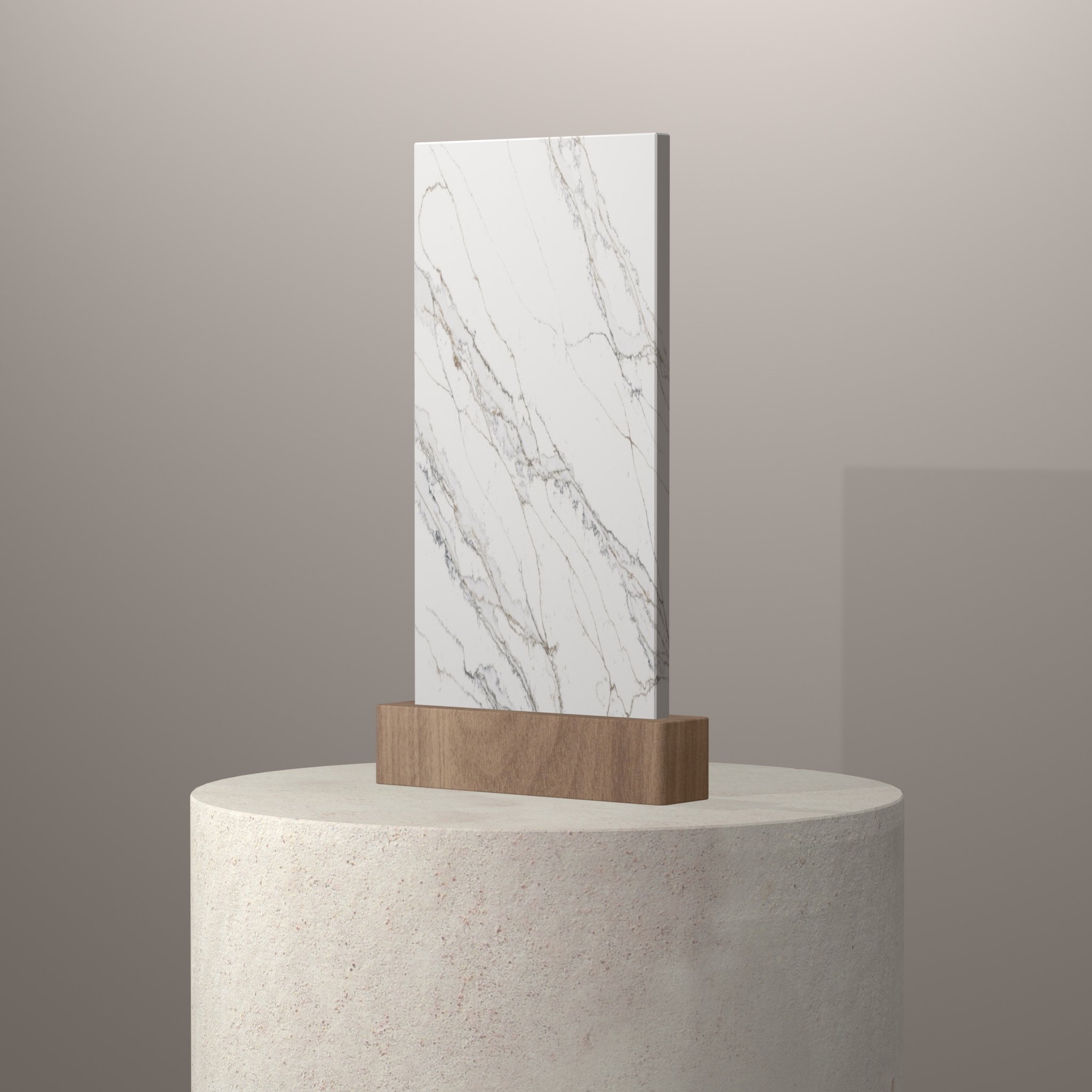 Rendu 3D du coloris Unique Calacatta Macchia Vecchia sur piédestal