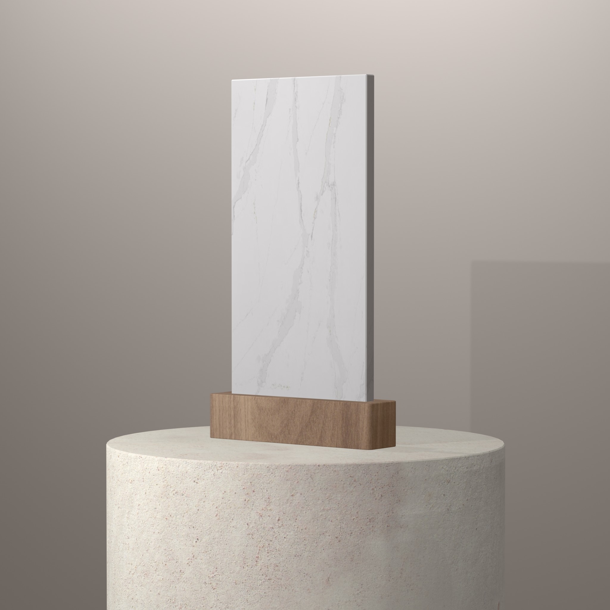 Rendu 3D du coloris Eternal Calacatta Gold sur piédestal